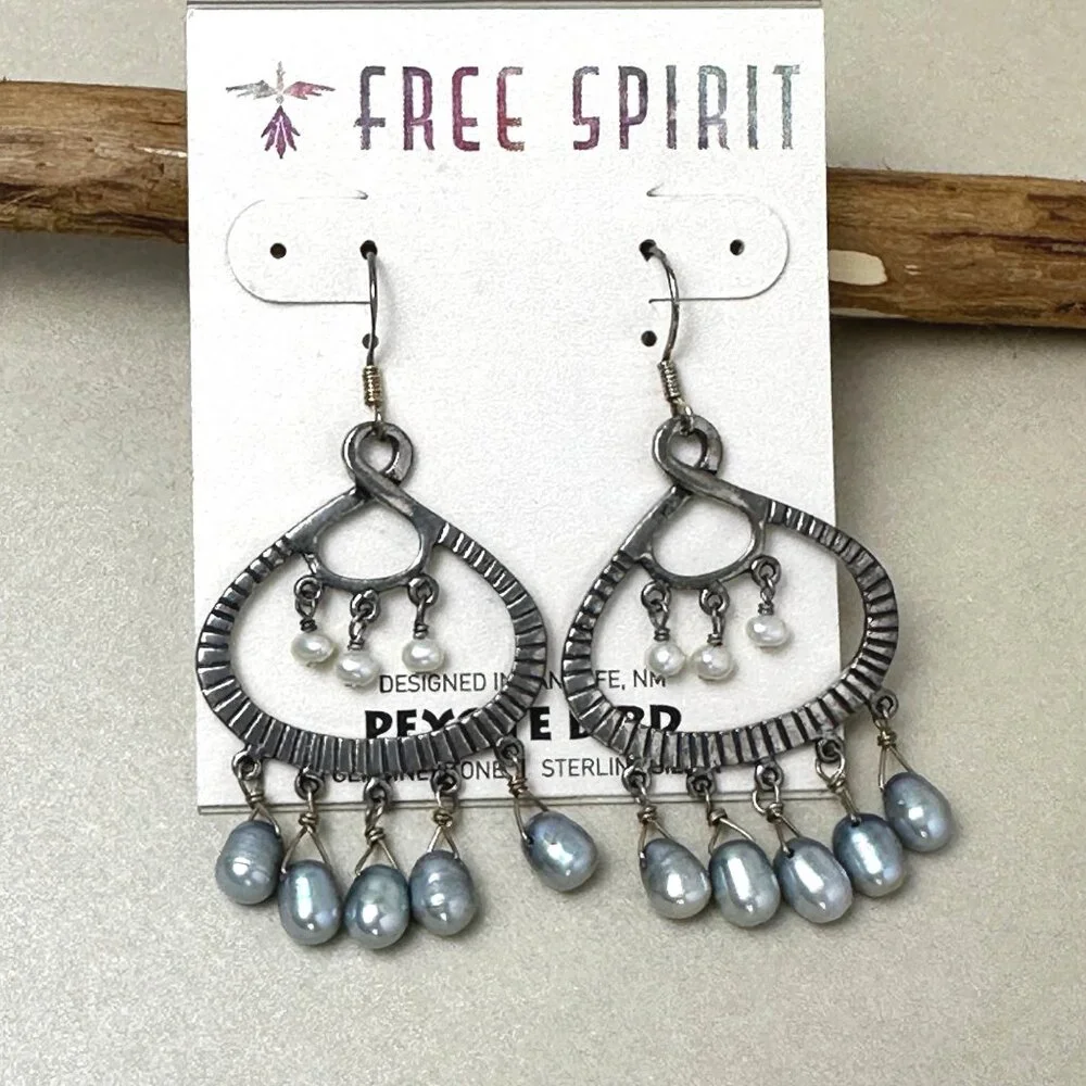 Signed Peyote Bird Boho Chandelier Earrings Oxidized Silver Pearl Drops NWT - Picture 2 of 12